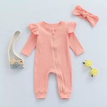 Load image into Gallery viewer, Pink Knit Ribbed Ruffle Bodysuit Romper W/ Headband