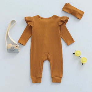 Caramel Knit Ribbed Ruffle Bodysuit Romper W/ Headband